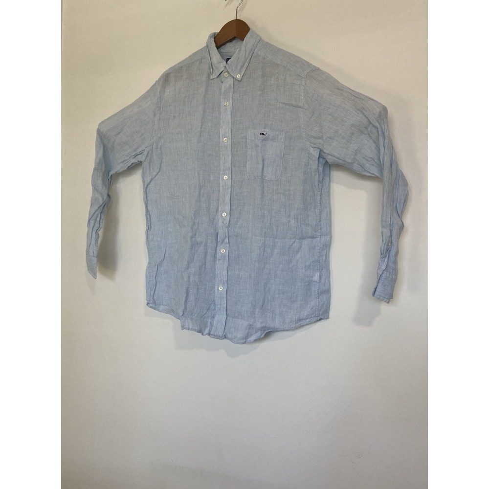 Men's Vineyard Vines Lt Blue Striped 100% Linen Long Sleeve‎ Dress Shirt-Size L